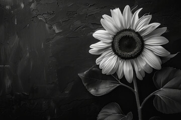Condolence card black and white color photo, sunflower, black background. Copy Space. Generative AI
