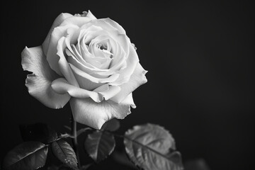 Fototapeta premium Condolence card black and white color photo, rose, black background. Copy Space. Generative AI