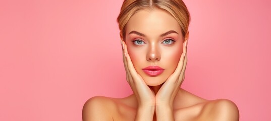 Blonde woman with natural makeup touching flawless skin on pastel background, copy space included