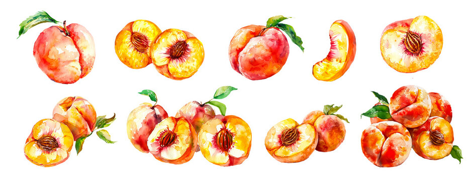 Peach fruits sel set in watercolor style. Juicy fresh tasty peaches, slices, halves and whole, vintage illustration isolated on transparent background