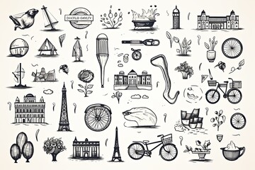 Travel and tourism doodle illustration and hand drawn vacation holiday elements outline clipart on white background