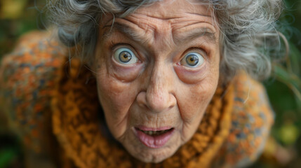 Surprised elderly woman with wide eyes - obrazy, fototapety, plakaty