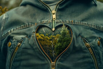 Creative close-up of a jacket zipper framing a heart-shaped view of nature, symbolizing love for the outdoors.

