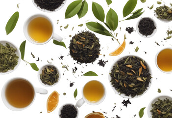 Creative layout made of cup of tea green tea black tea fruit and herbal tea on white background Flat  (1)
