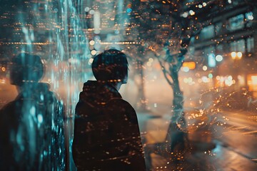 Person standing in urban night lights, reflecting on wet surfaces, creating a moody and contemplative cityscape.


