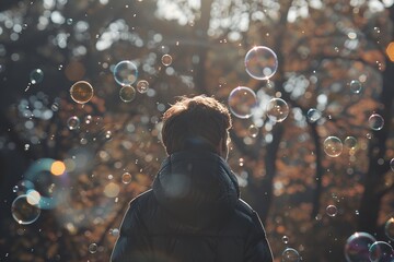 A tranquil scene with a person in the backdrop of floating bubbles, bathed in the golden sunlight filtering through trees.

 - obrazy, fototapety, plakaty