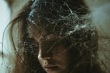 Ethereal portrait of a woman's face obscured by intricate cobwebs in a moody, textured composition.

