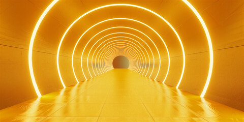 Naklejka premium Empty yellow tunnel 3d light room background. Abstract space tunnel interior. Modern render perspective hall stage design. Futuristic neon road