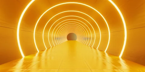 Foto auf Acrylglas Empty yellow tunnel 3d light room background. Abstract space tunnel interior. Modern render perspective hall stage design. Futuristic neon road © timitinej