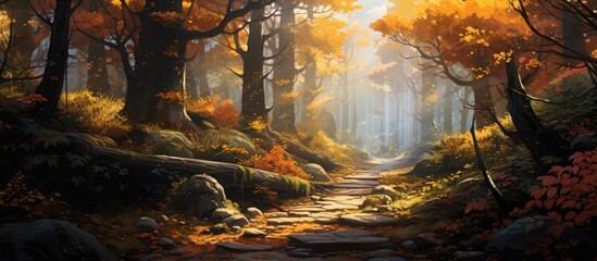 An idyllic natural landscape with a winding path cutting through a dense forest of trees and rocks, creating a peaceful and serene woodland painting - obrazy, fototapety, plakaty