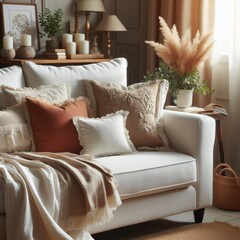 Fototapeta na wymiar Captivating Comfort: Close-Up of Fabric Sofa Adorned with White and Terra Cotta Pillows in a French Country Modern Living Room Interior Design