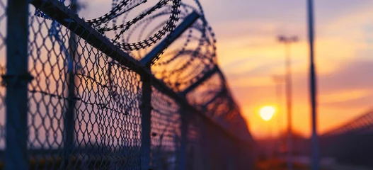 Foto op Plexiglas A closeup of the top edge of an iron fence with barbed wire set against a blurred background of a prison or military base during sunset Generative AI © SKIMP Art