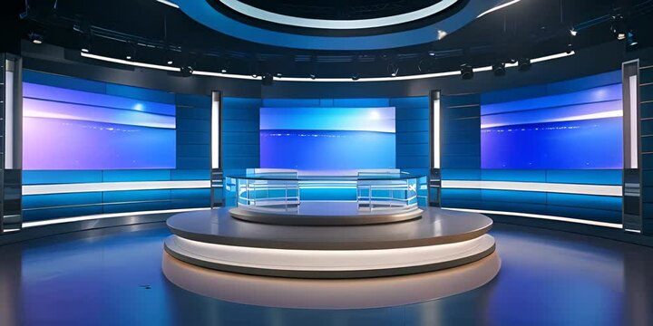 News, documentary, reporting program TV studio set. Tv or Cable new network live studio setup with large scale monitors. 4K Video