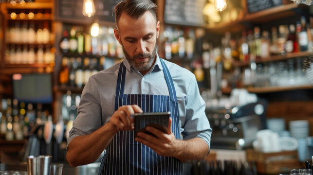 focused bearded man in a blue striped apron using a tablet in a bar setting