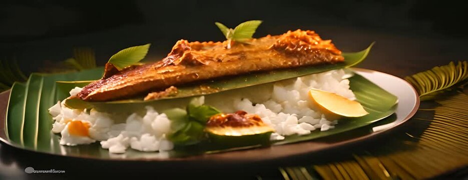 Traditional Indian fish curry made with tapioca and spicy Kerala-style seasoning, served on a banana leaf. Also known as kappa or cassava with sardine masala, this Asian cuisine 4K Video
