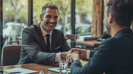 professional, middle-aged man is smiling and shaking hands across a table, seemingly in a meeting or negotiation setting