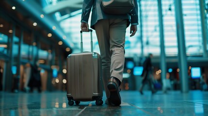 Businessman walking with luggage in modern airport terminal, ready for departure