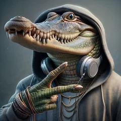 Poster Illustration of a crocodile wearing a hoodie with headphones. © ProdigyDraw