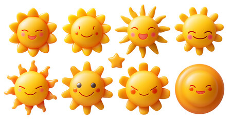 3d cartoon cute sun characters designs for kids on a transparent background. Set of funny suns with happy faces