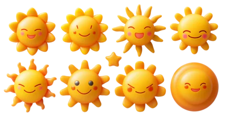 Fotobehang 3d cartoon cute sun characters designs for kids on a transparent background. Set of funny suns with happy faces © ksania