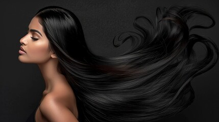 Stylish brunette woman with long shiny hair on dark background   beauty and hair care concept - Powered by Adobe