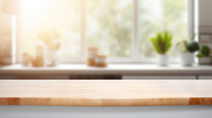 Rustic Wood Table Top in a Blurred Kitchen Background: Ideal for Product Montage and Design Layouts