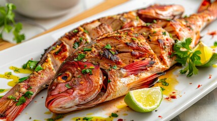 Fresh grilled red snapper on white plate - Mouth-watering grilled red snapper garnished with lemon and herbs presented on a white dish with a sprinkle of spices