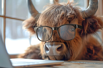 Cute buffalo looking computer laptop in glasses.
