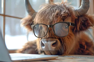 Foto auf Acrylglas Antireflex Cute buffalo looking computer laptop in glasses. © Pacharee