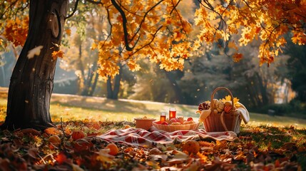 Autumn Picnic in the Forest: Colorful Leaves, Pumpkins, and Fresh Fruit in a Basket on a Wooden Table