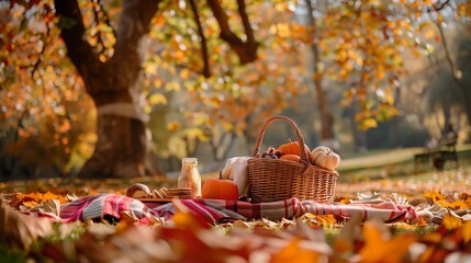 Fall picnic in the forest: colorful fruits and organic food in wicker basket, surrounded by autumn leaves and nature