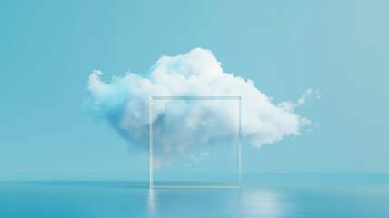 Cloud in a transparent cube over serene blue backdrop - A serene cloud encased within a transparent cube over a harmonious blue backdrop