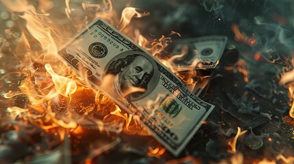 Burning dollar banknote. Abstract background. Close-up. Flames. Close-up of burning currency, economy in trouble. - obrazy, fototapety, plakaty