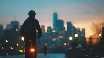 Cityscape silhouette of man cycling at dusk with skyscrapers and street lights, showcasing active urban lifestyle and healthy commuting options.