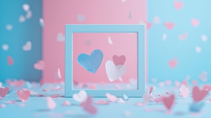 Fototapeta na wymiar Minimalist rectangular frame, embellished with heart-shaped confetti