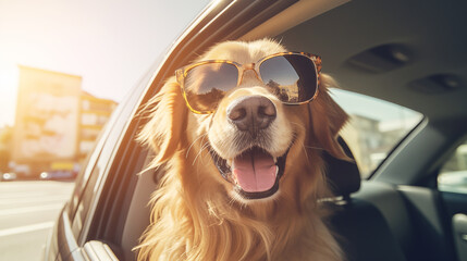 Beautiful sunset golden hour light photo of smiling Golden Retriever cute dog in fancy sunglasses during evening car city tour with open window. Lovely pets, animals and transportation concept photo.