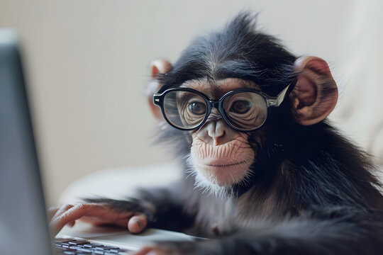  Funny cute monkey looking computer laptop in glasses.