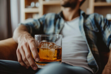 Alcoholic sitting on the sofa with a glass of alcohol, alcoholism concept. Backdrop with selective focus - obrazy, fototapety, plakaty
