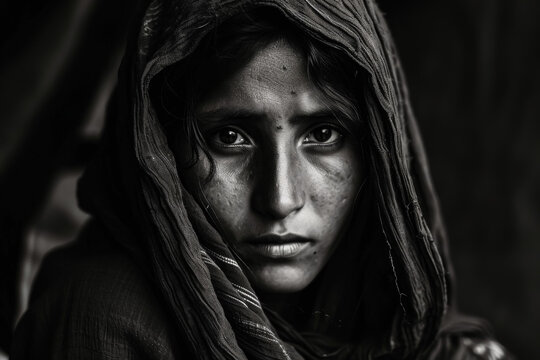 Dramatic portrait of a refugee woman. Backdrop with selective focus and copy space