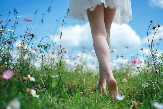 Barefoot in nature, concept of freedom and happiness. Backdrop with selective focus and copy space