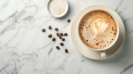 cup with tasty coffee and tasty cappuccino on marble table - obrazy, fototapety, plakaty