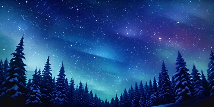 Ethereal image depicting the aurora borealis illuminating the starry night sky above a silhouette of pines 4K Video