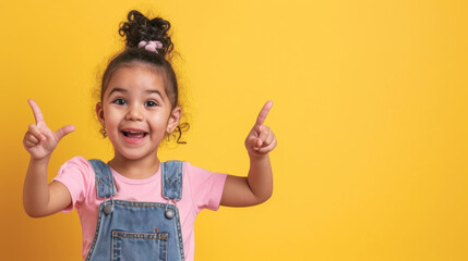 young girl with a joyful expression, pointing both of her fingers to her sides against a bright yellow background