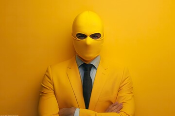 A man dressed in a vibrant yellow suit and mask, exuding a playful and quirky demeanor against a...