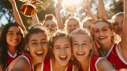 Youth Cheerleading Squad Celebrating Win with Trophy in Sun-Drenched Portrait. - obrazy, fototapety, plakaty