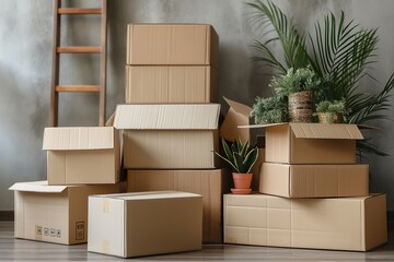 A pile of cardboard boxes arranged on a wooden floor, with a plant and stepladder nearby.