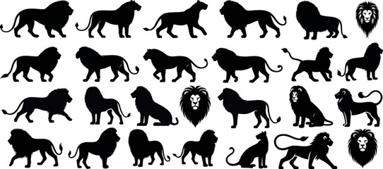 Black lion silhouettes collection, lion vector illustrations isolated on white. Perfect for logo design, brand identity, wildlife themed projects. Majestic, powerful animal poses.