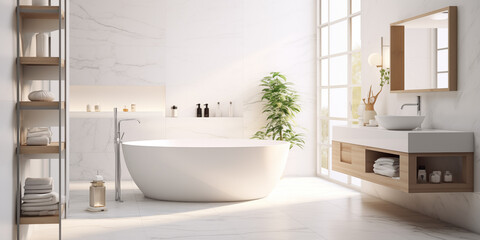Fototapeta na wymiar Luxury white bathroom with natural light and plant