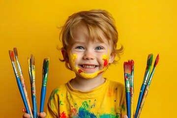 A cute little boy with paint on his face holds paintbrushes in his hands, embracing his creativity and imagination.