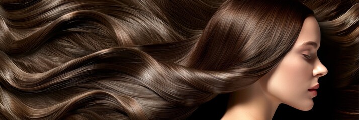 Stylish brunette woman with flowing long hair on dark background, beauty and hair care concept